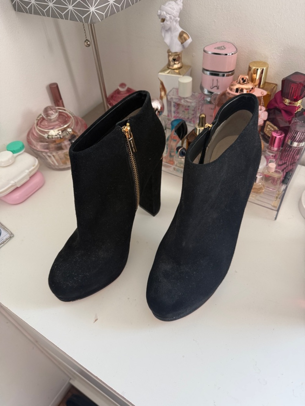 MICHAEL Michael Kors Black Suede Ankle Booties with Gold Side Zipper